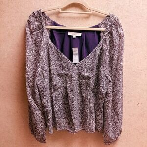 LOFT‎ XL Womens NWt Purple Paisley Floral Boho Office Lined Long Sleeve Blouse